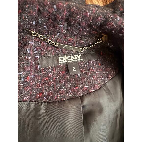 DKNY Vintage Wool Ruffle Tweed Coat Size 2 Cabernet Retro High Neck Jacket - Picture 6 of 8